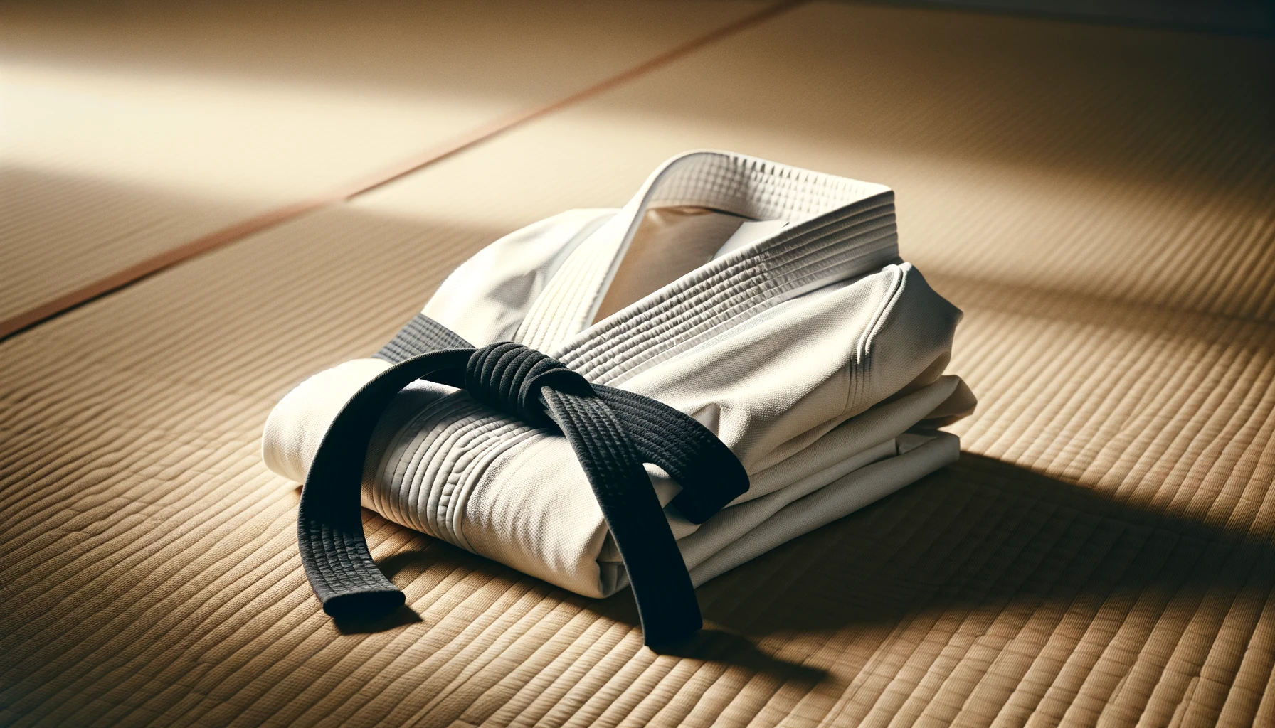 A neatly folded karate uniform (dogi) with a black belt